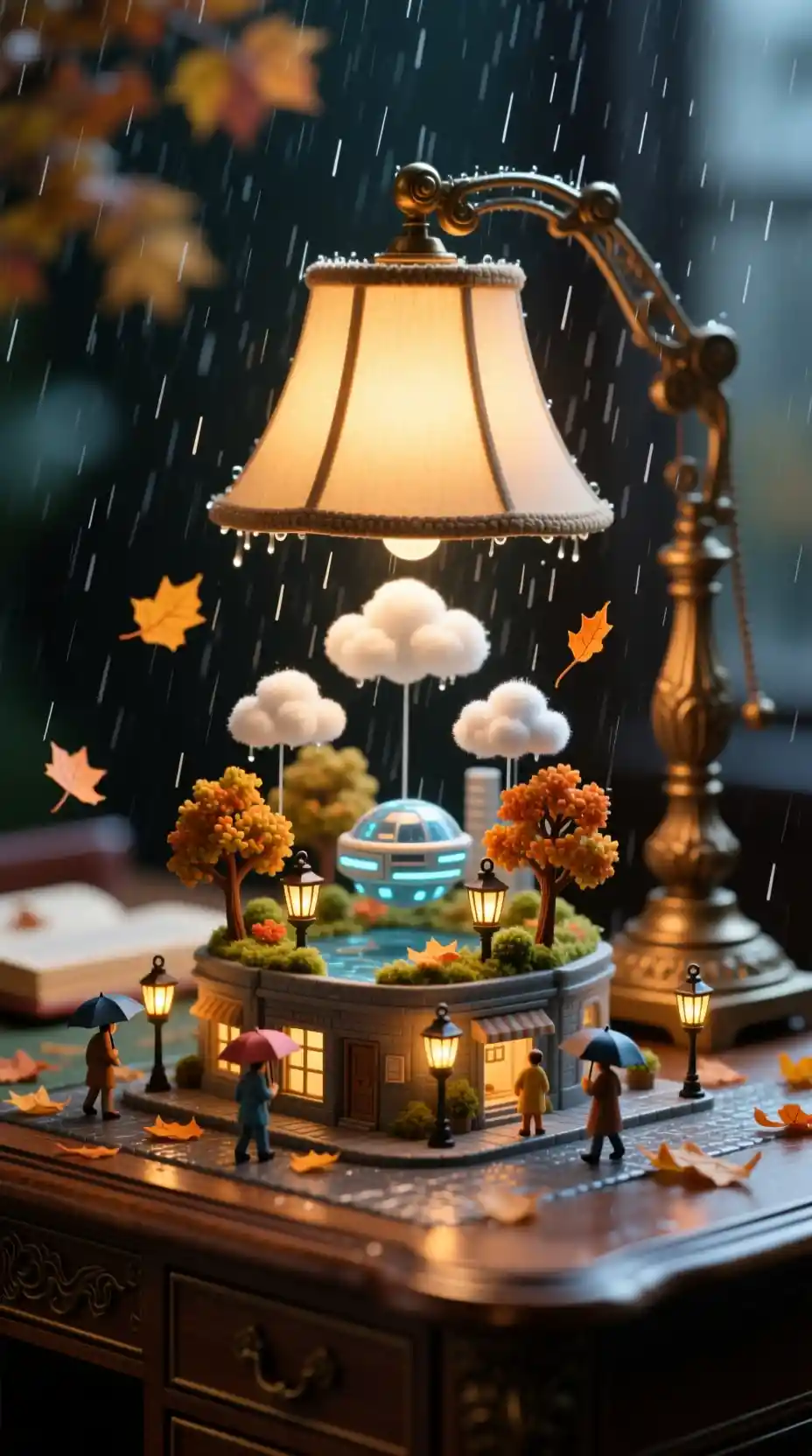Lampada da scrivania antica che illumina un mondo futuristico in miniatura
