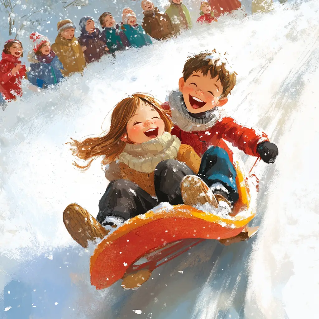 Children sledding down a sunny snowy hill together