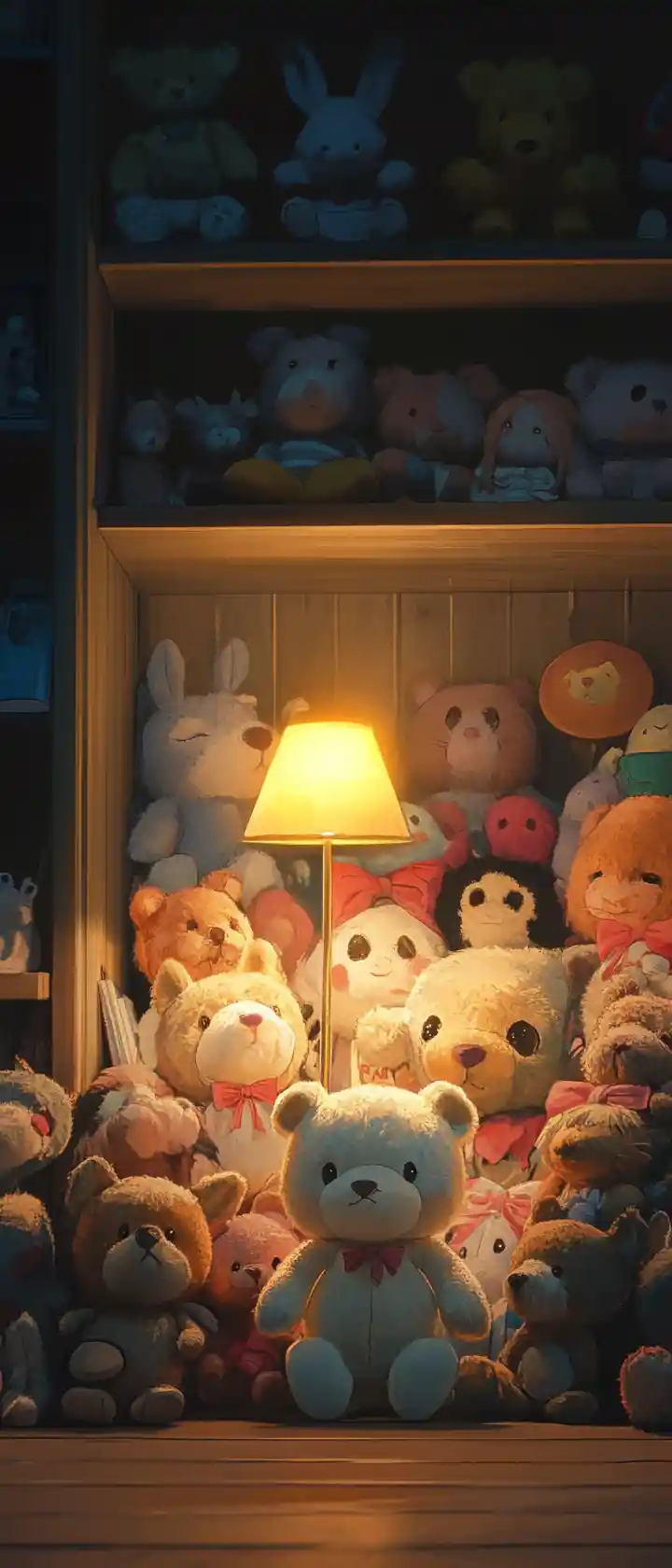 Anime-Schlafzimmer voller Stofftiere und unheimlicher goldener Lampe