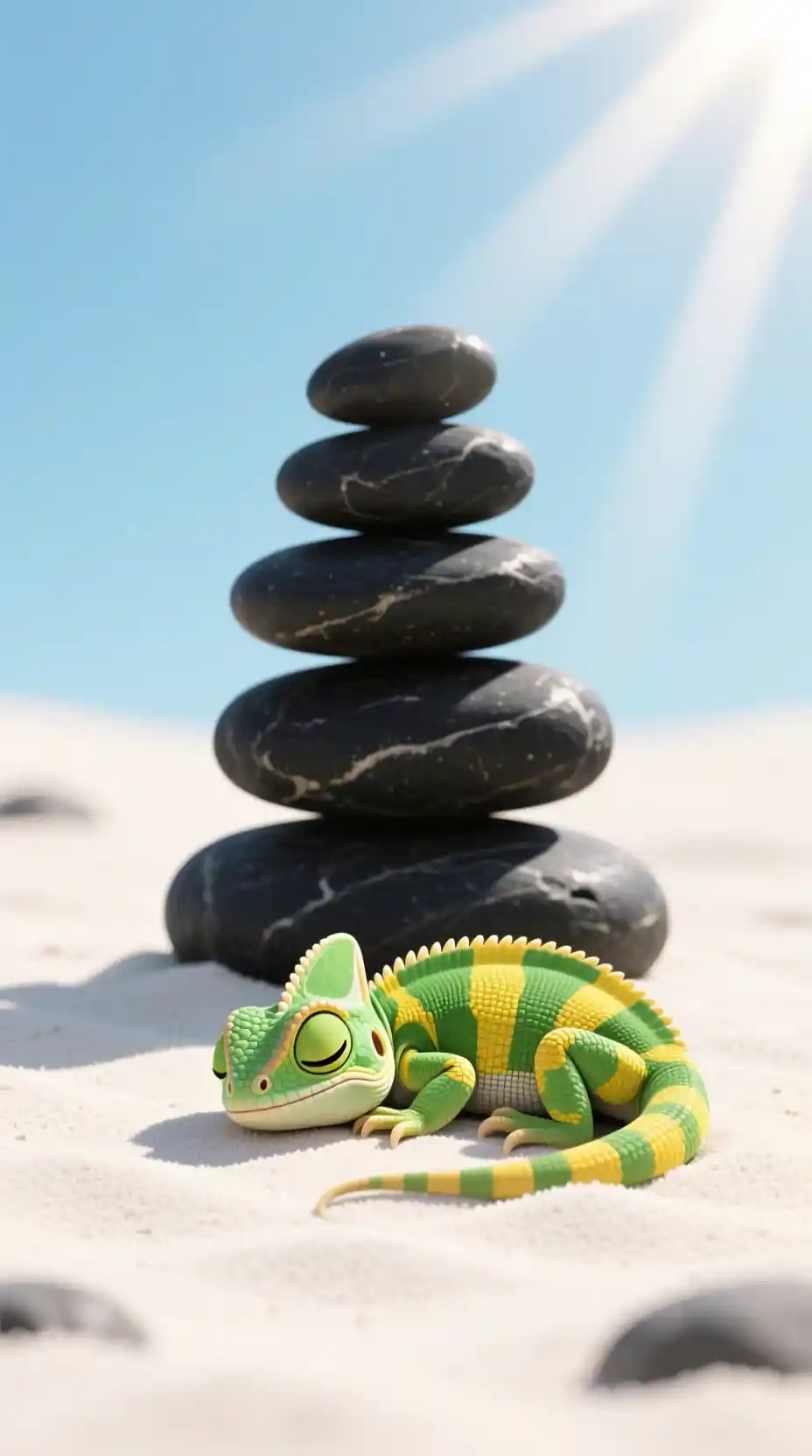Minimalist lizard sleeping on soft white sand illustration