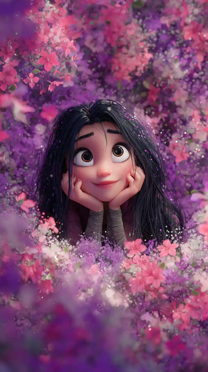 Young girl in lavender and cherry blossom fantasy field