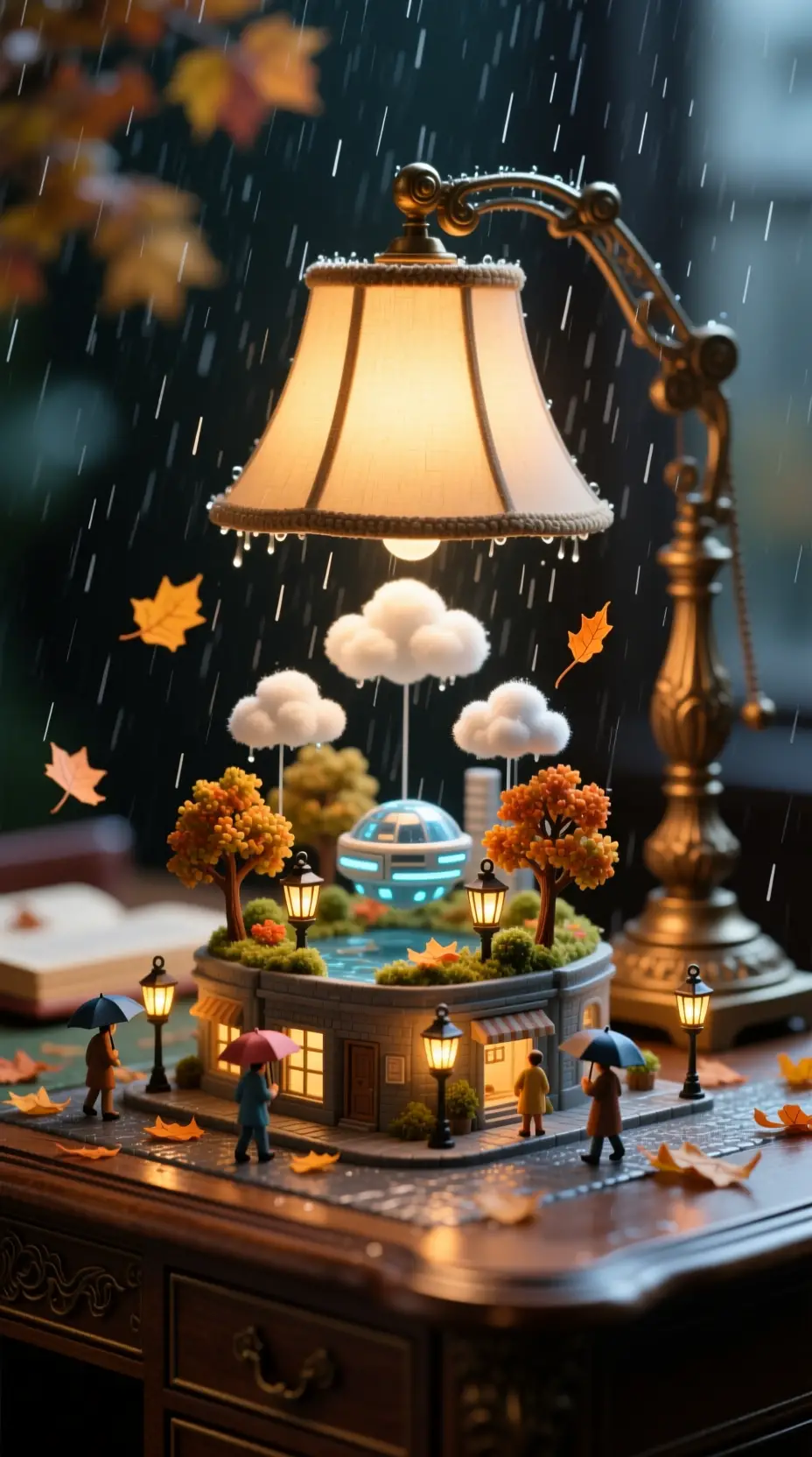 Antique Desk Lamp Illuminating A Miniature Futuristic World