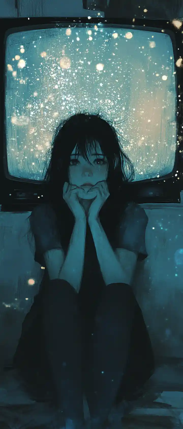 砂嵐テレビの不気味な光に照らされたアニメ少女