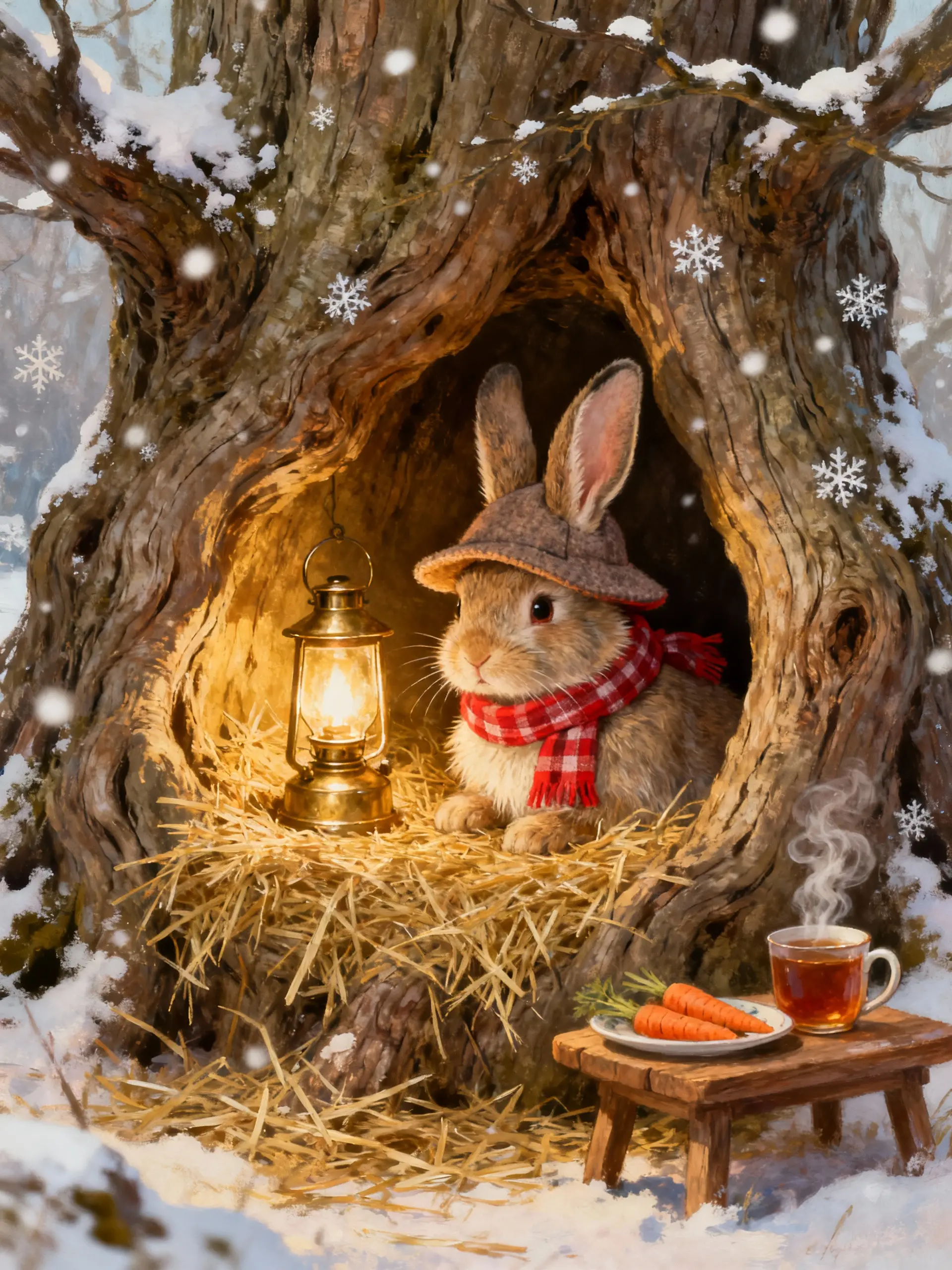 Cozy rabbit hiding inside a lamp lit treehouse