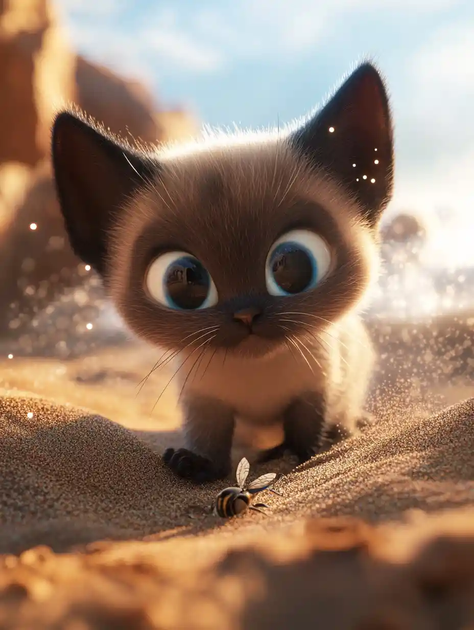 Playful siamese kitten on glowing sandy beach