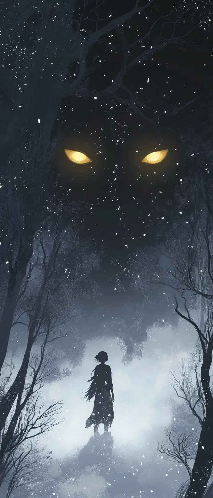 Anime silhouette with golden eyes in ghostly forest fog