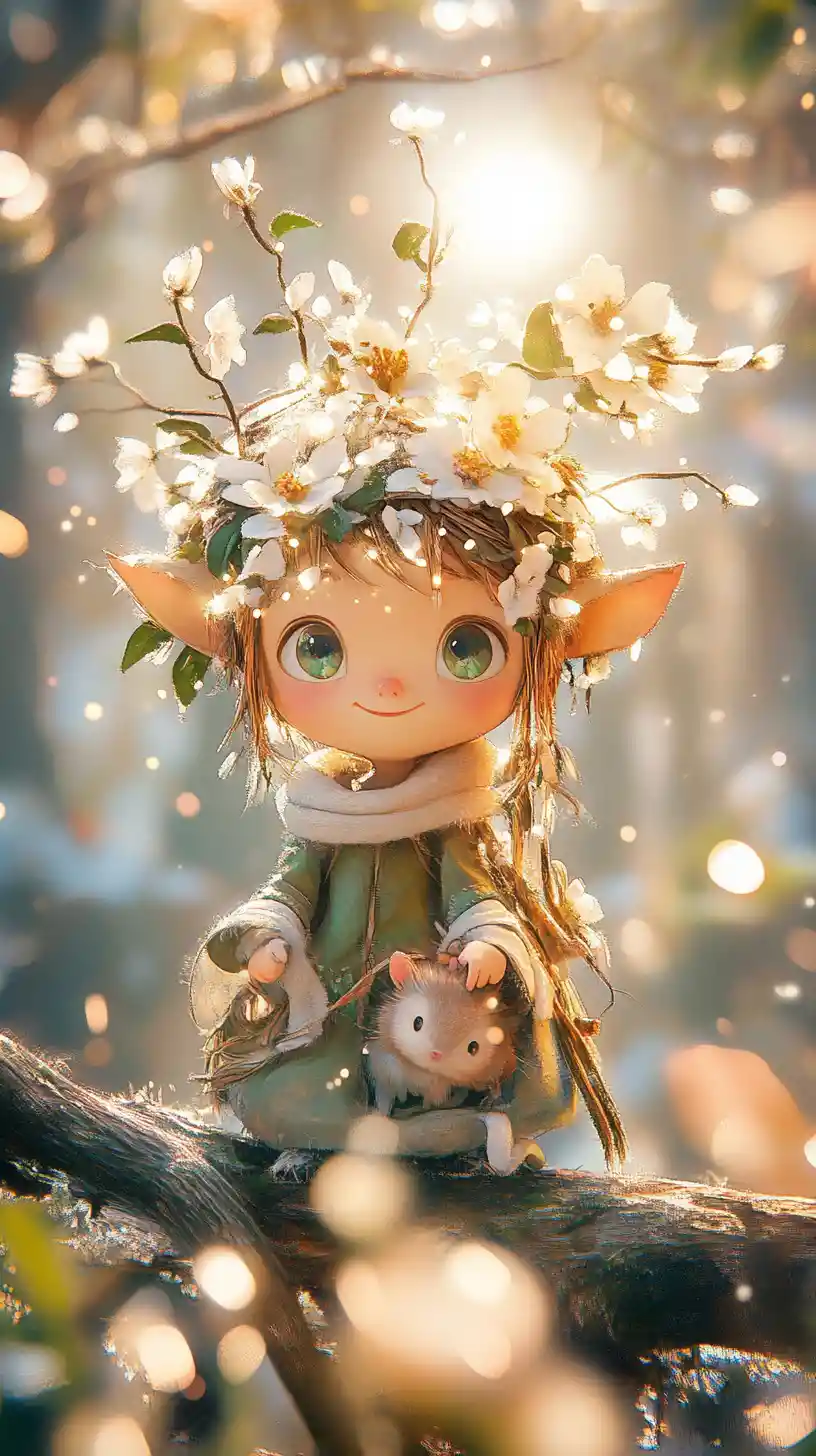 Poster con tenero fiore chibi che sboccia in una strada illuminata dal sole