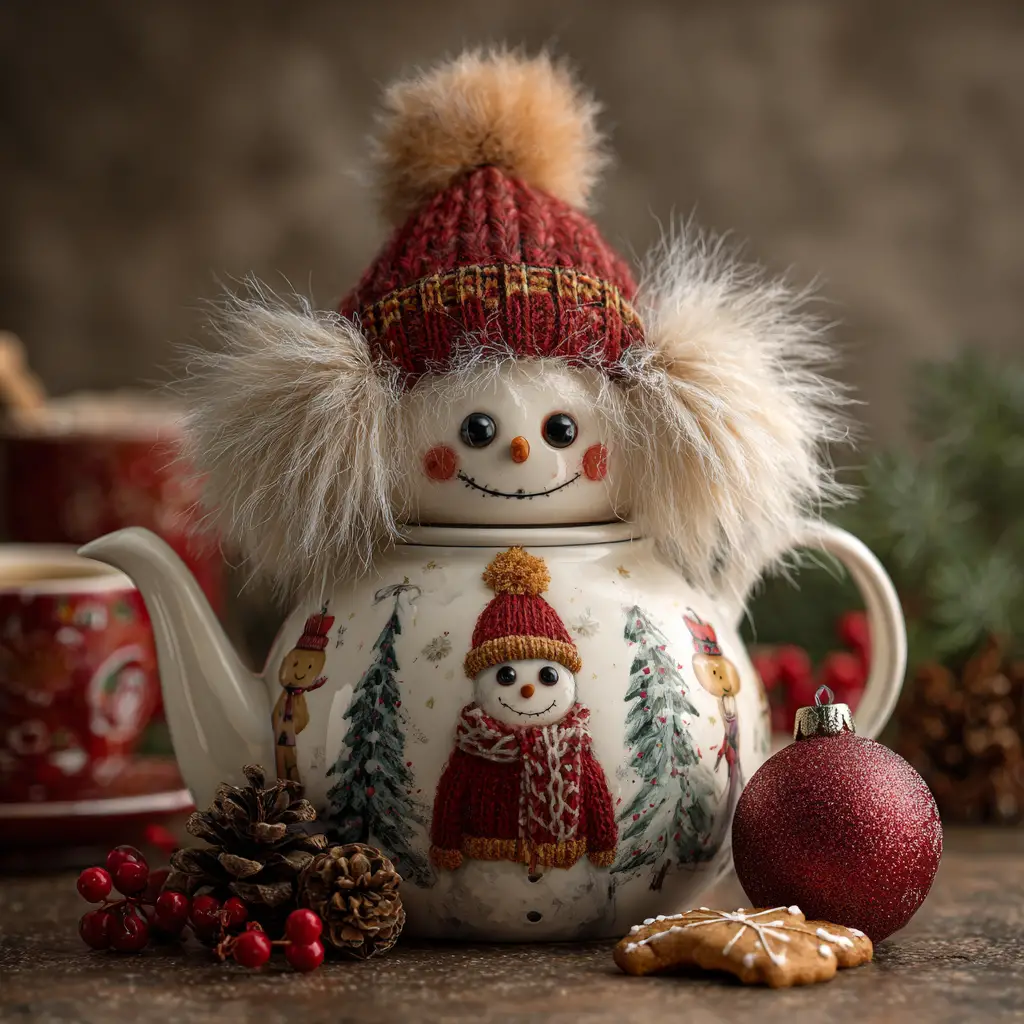 Festive Christmas teapot still life with snowman details
