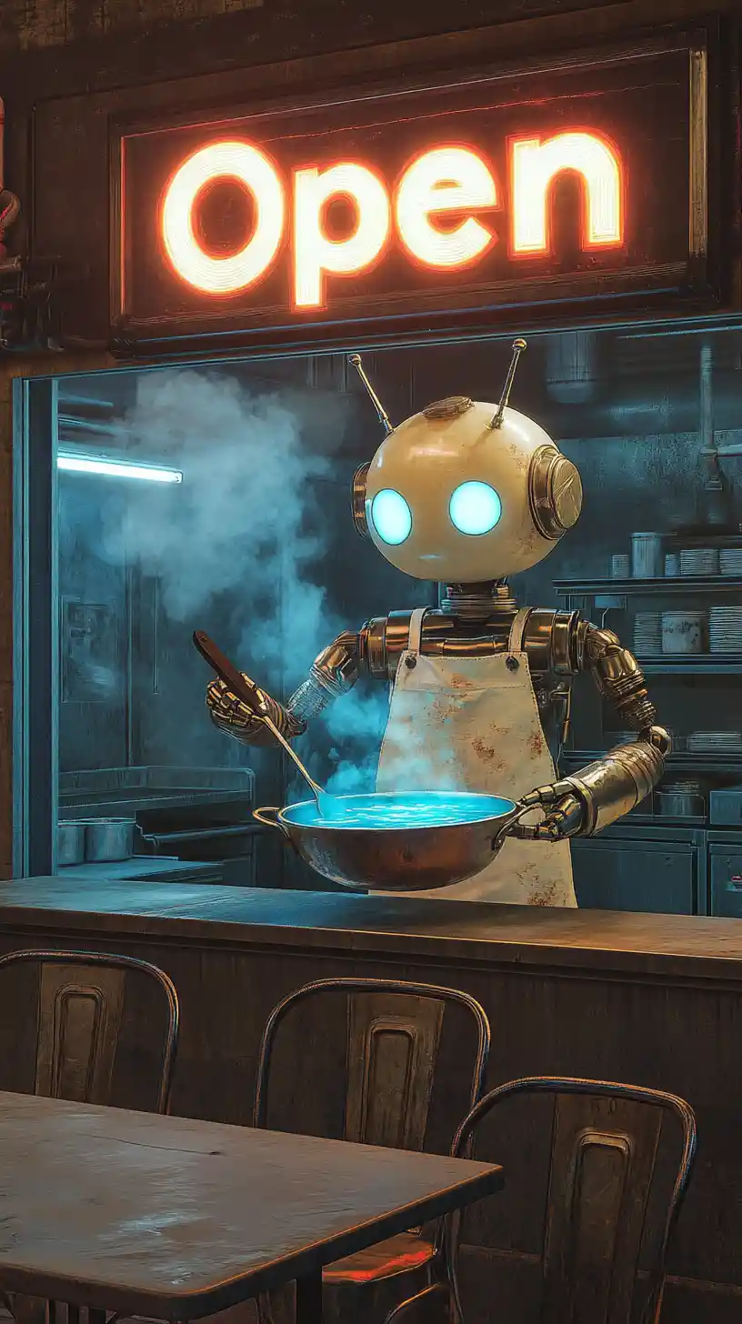 Robot Chef Stirring Glowing Blue Soup In Cozy Anime Restaurant