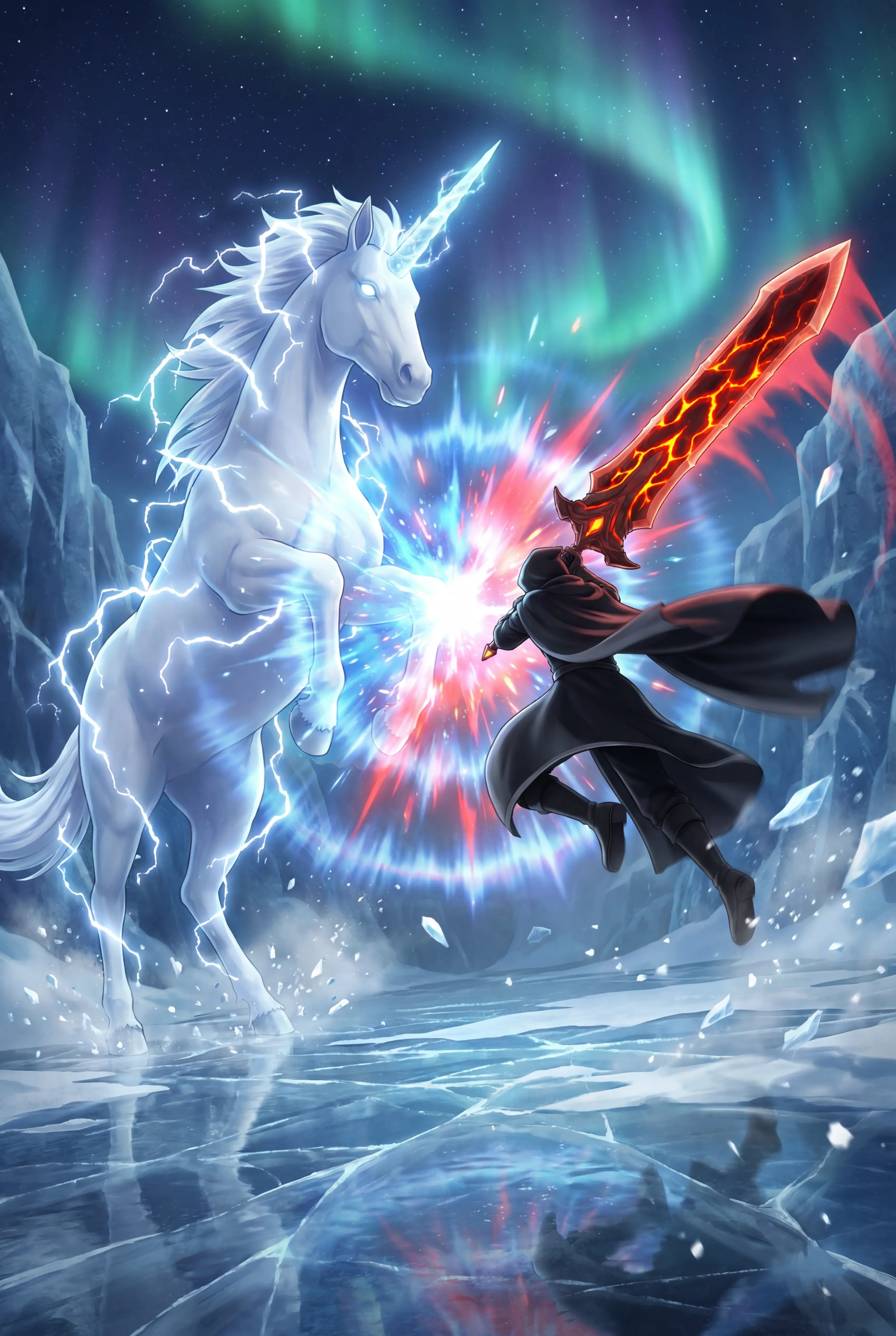 Epic unicorn battle in a frozen aurora lit canyon