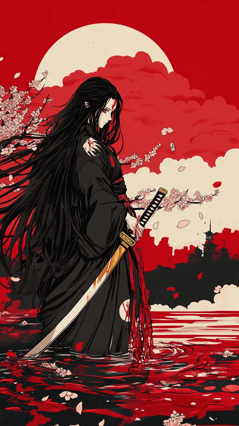 Female samurai with molten katana under a red dusk sky