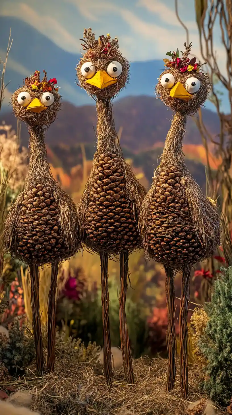 Whimsical Pinecone Ostrich Sculptures In Australian Landscape