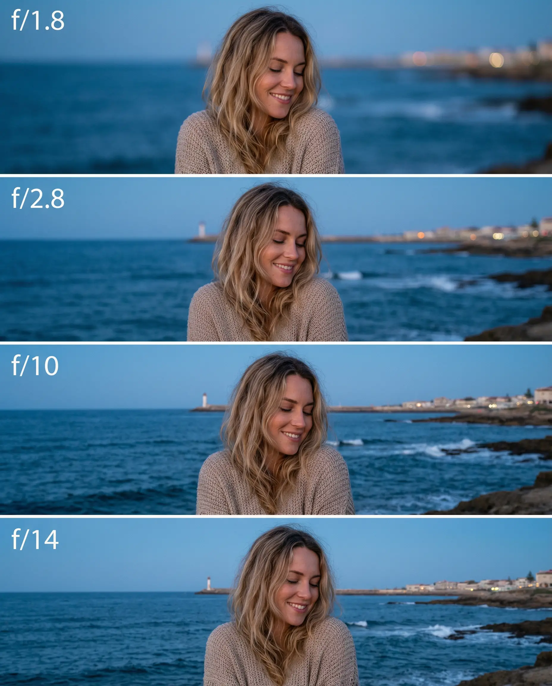 French woman enjoying the sea breeze at dusk shoreline
