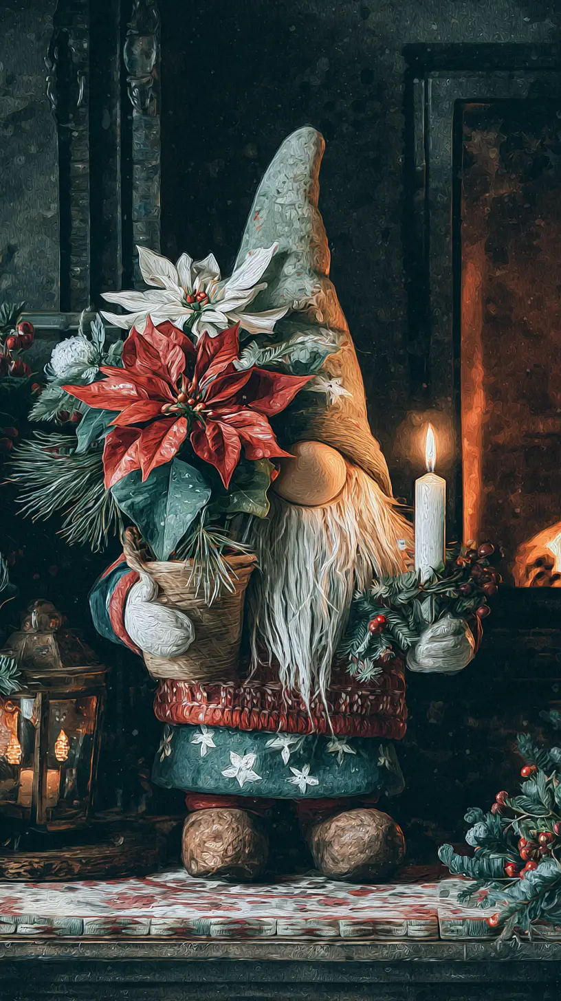 Christmas gnome holding festive flower arrangement by fireplace