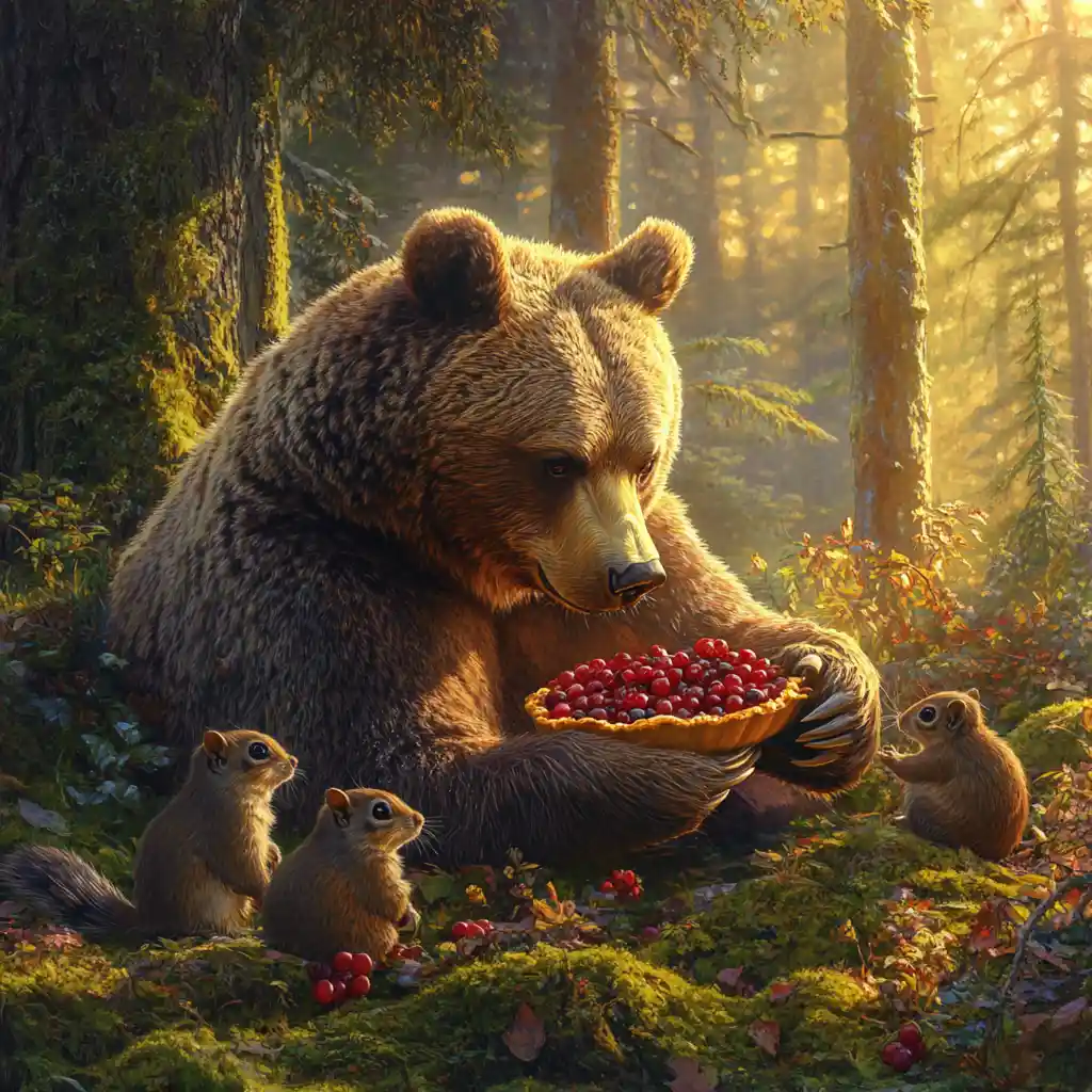Grizzly che condivide una torta ai frutti di bosco con gli animali della foresta