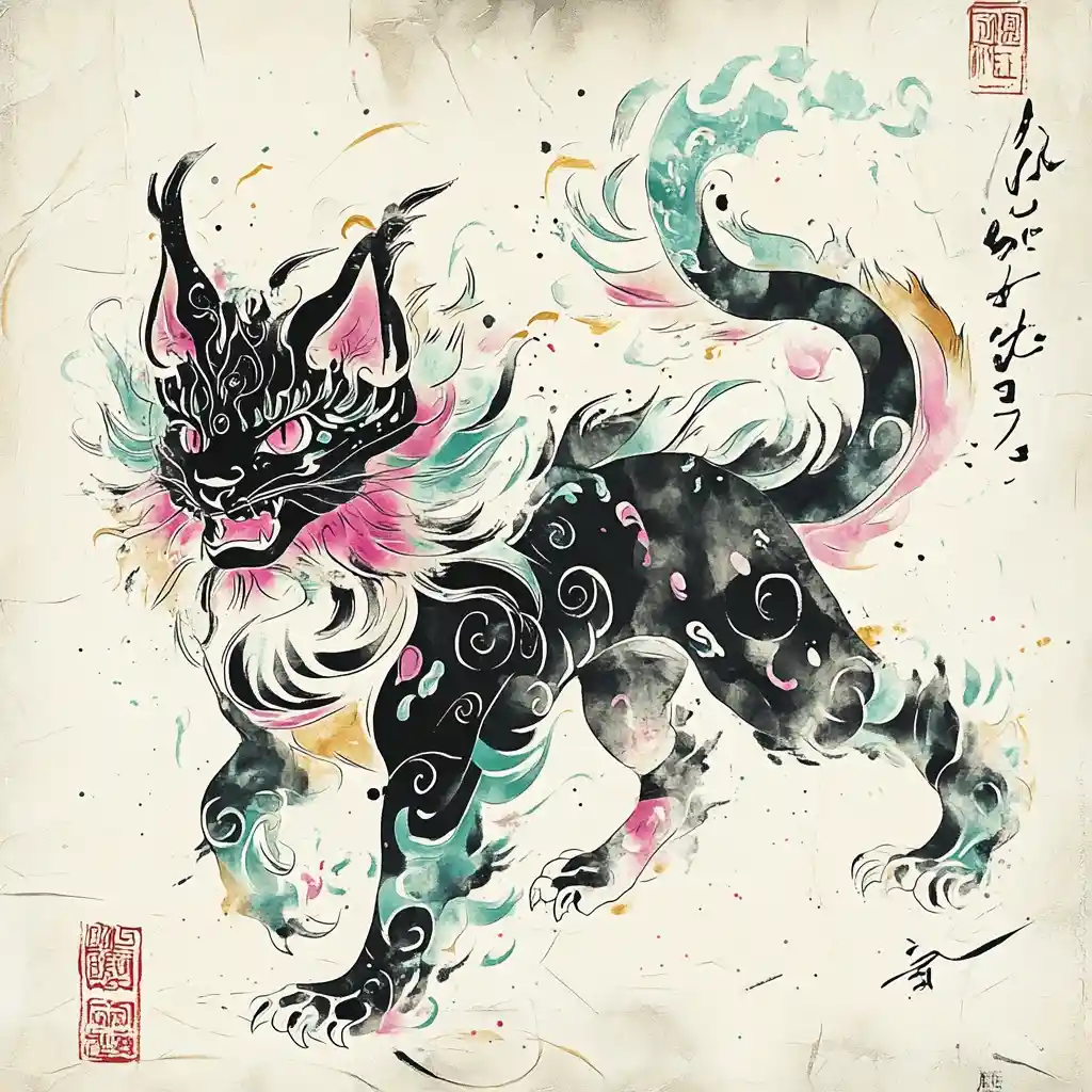 Drago gatto mitico in eterea illustrazione a inchiostro giapponese