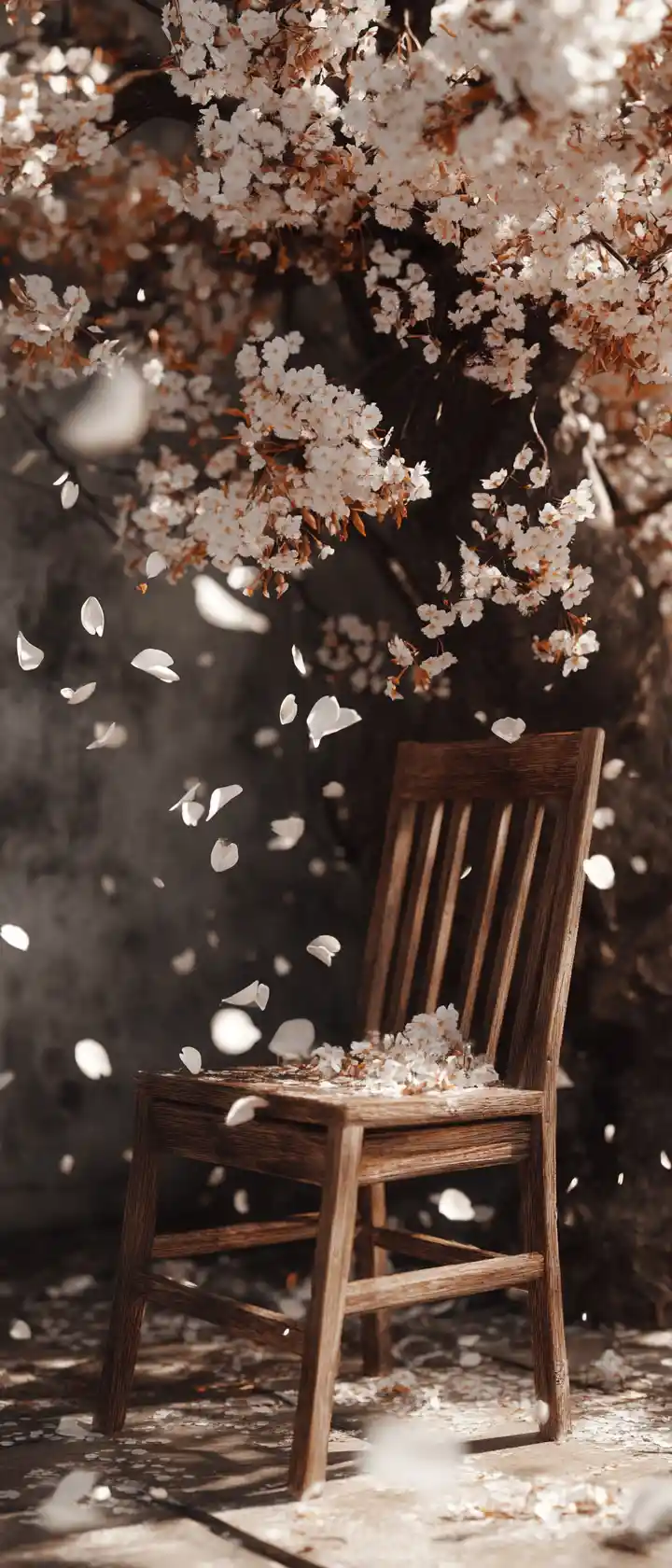 Small flower bouquet on chair under cherry blossom tree