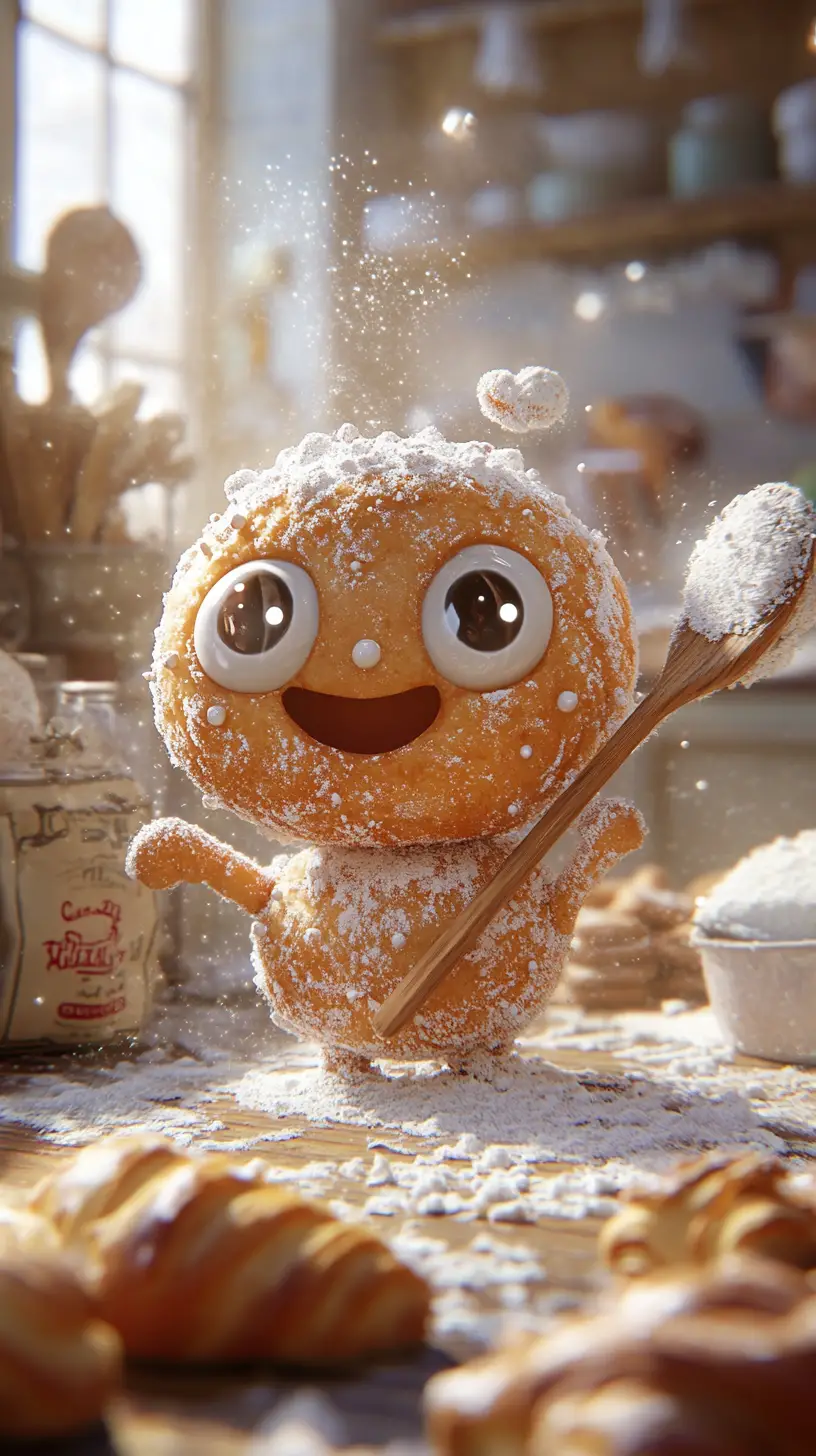 Cute Anthropomorphic Pastry Character In Bright Kitchen