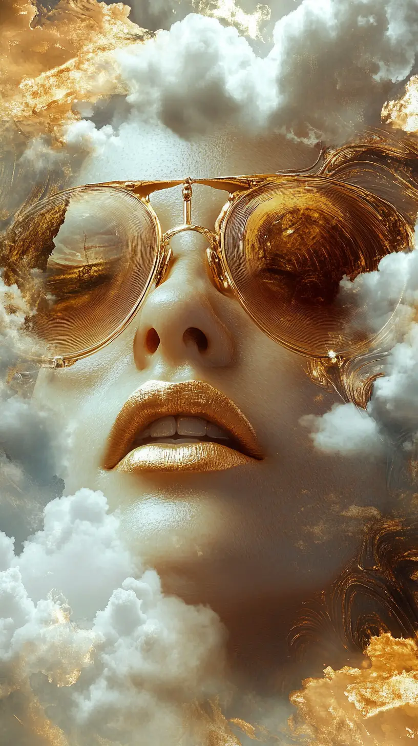 Surreal woman with golden diamond glasses in swirling sky