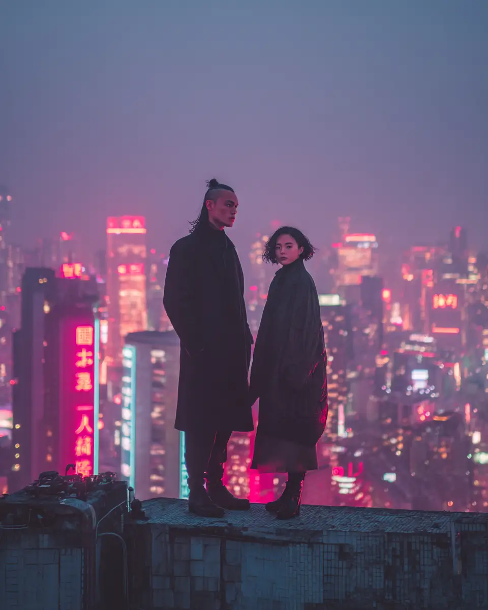 Stylish couple on rooftop above neon futuristic city