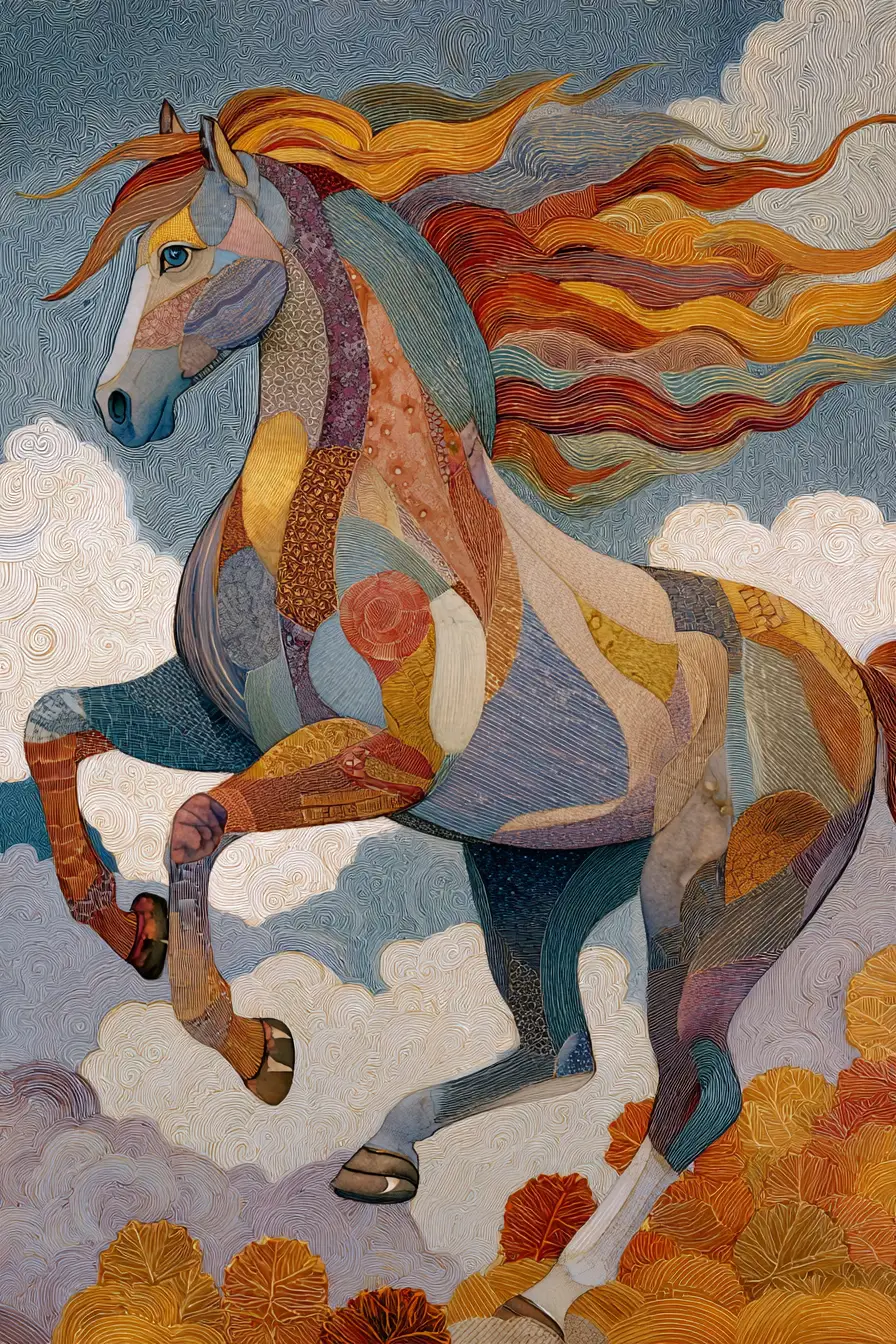 Surreal painting of an elegant agate horse in motion