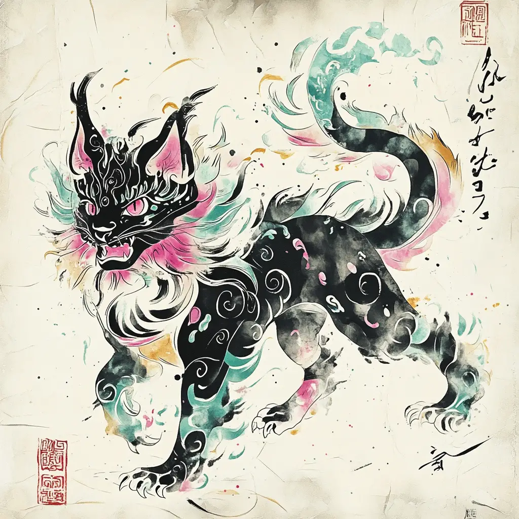Mythical cat dragon in ethereal Japanese ink illustration