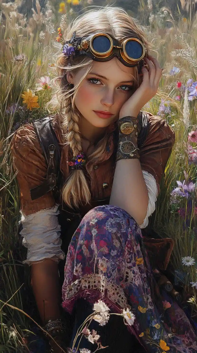 Steampunk woman resting in a sunny flowered meadow