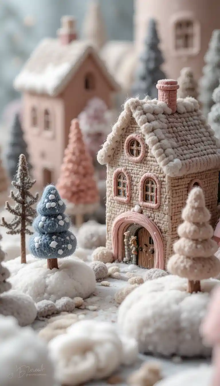 Cozy felt miniature winter town with woolen buildings