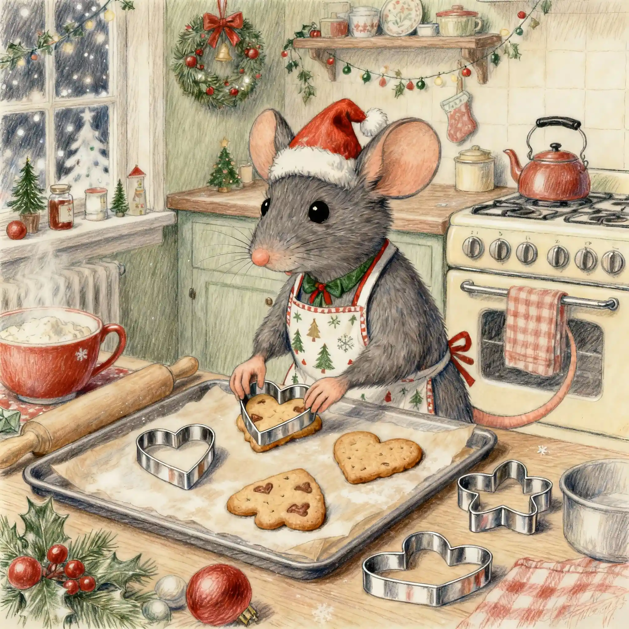 Cute Mouse Baking Christmas Cookies In Vintage Kitchen
