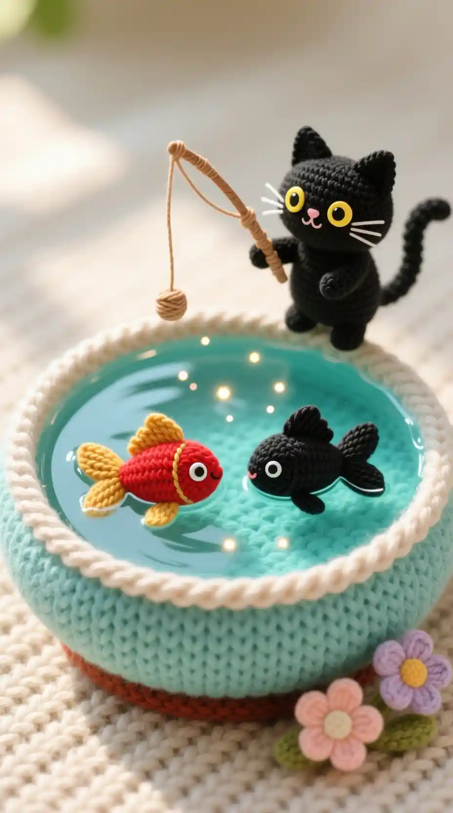 Gato tejido fantasioso pescando junto a una pecera de peces dorados de hilo