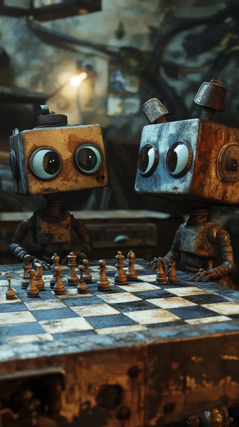 Rusty robots playing chess in a dark old laboratory