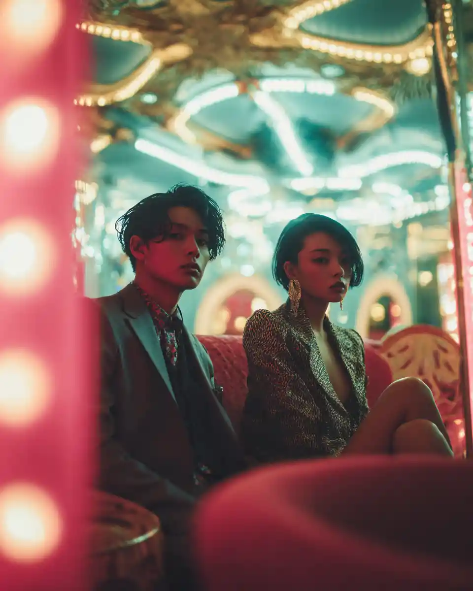 Japanese models in an elegant retro futuristic theater lobby