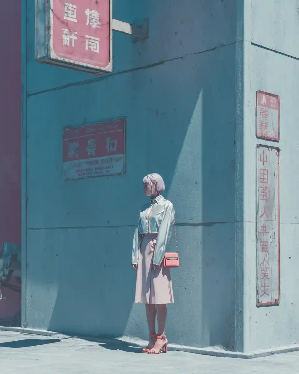 Showa inspired futuristic fashion portrait on urban street corner