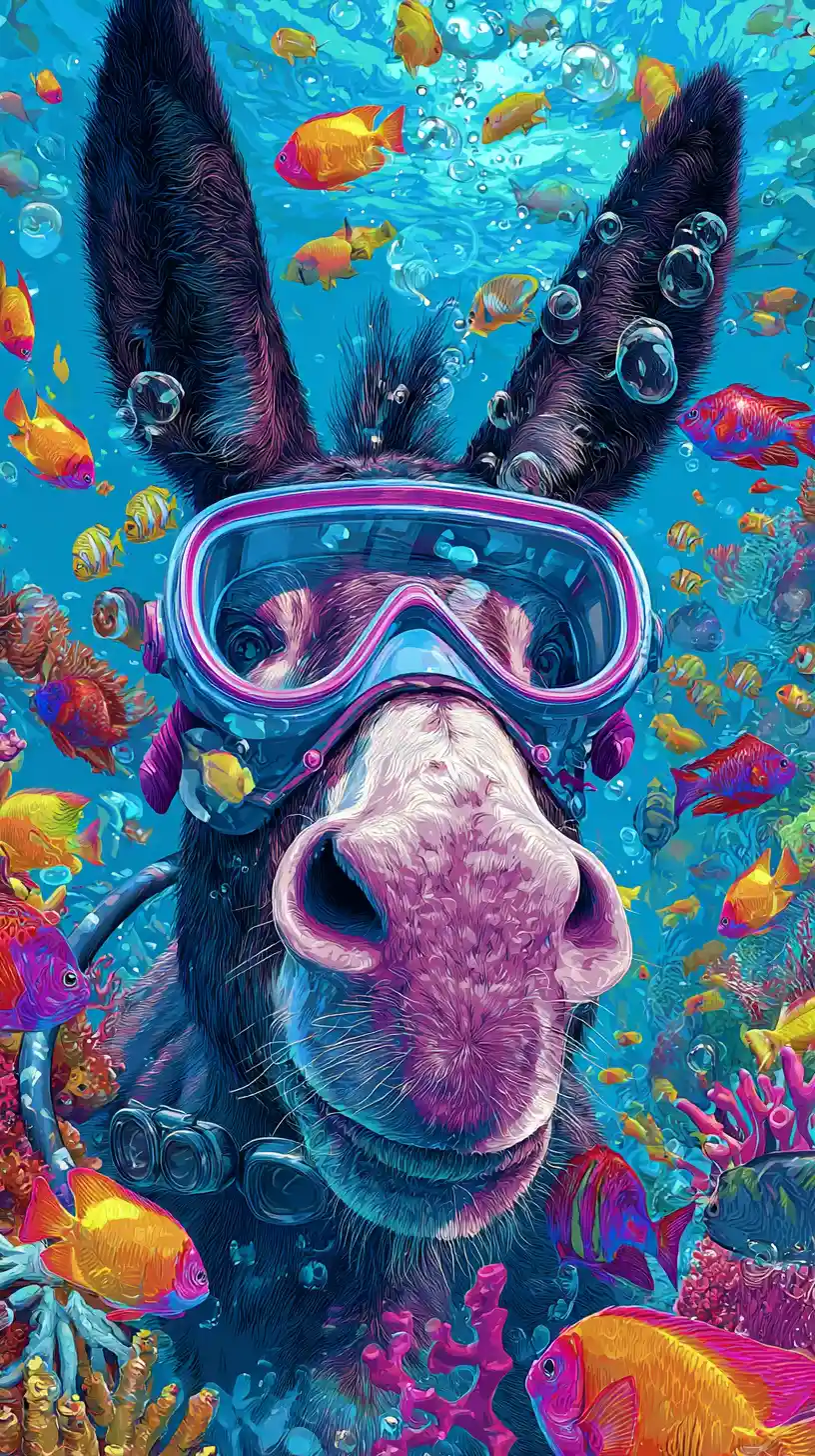 Anthropomorphic donkey diver exploring a bright coral reef