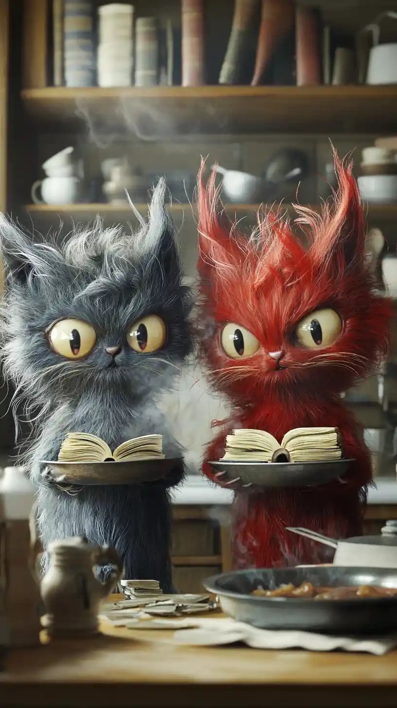 Two fluffy fantasy creatures cooking books in a kitchen