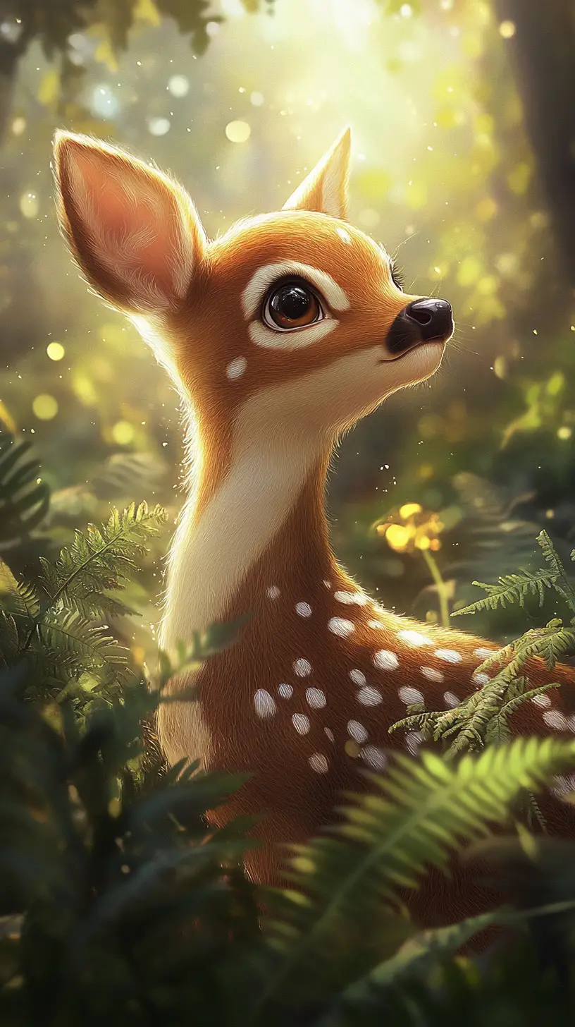 Young spotted fawn resting among sunlit forest ferns
