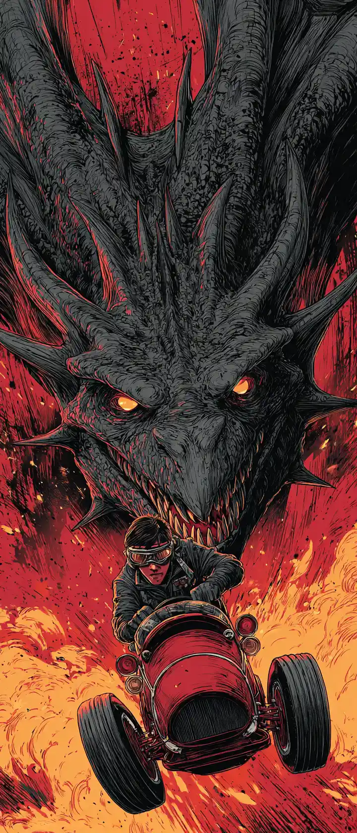 Colossal Black Dragon Diving With Tiny Rider In Flames