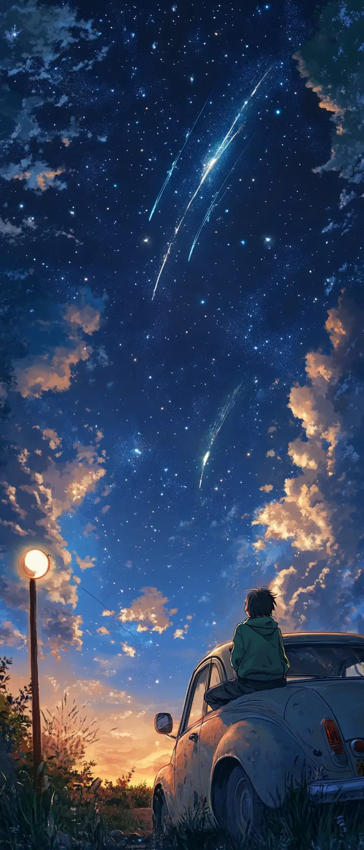Anime figure on vintage car under starry night sky