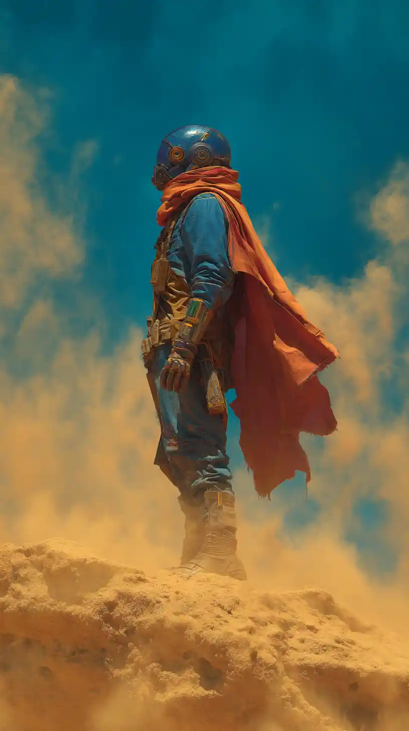Astronaut In Space Suit On Desert Hill In Sandstorm