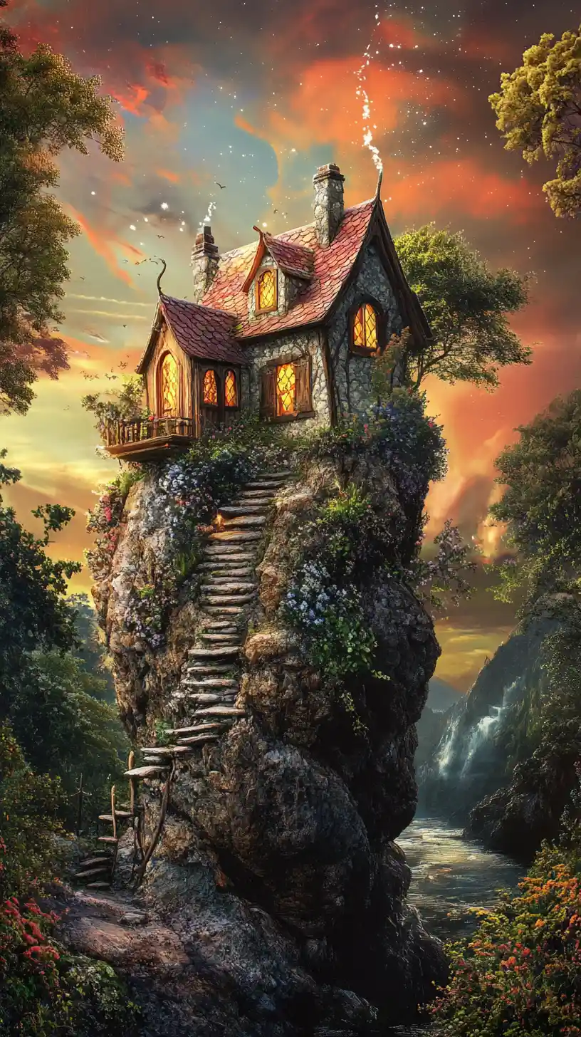 Fairy house on a forest rock in soft magical light