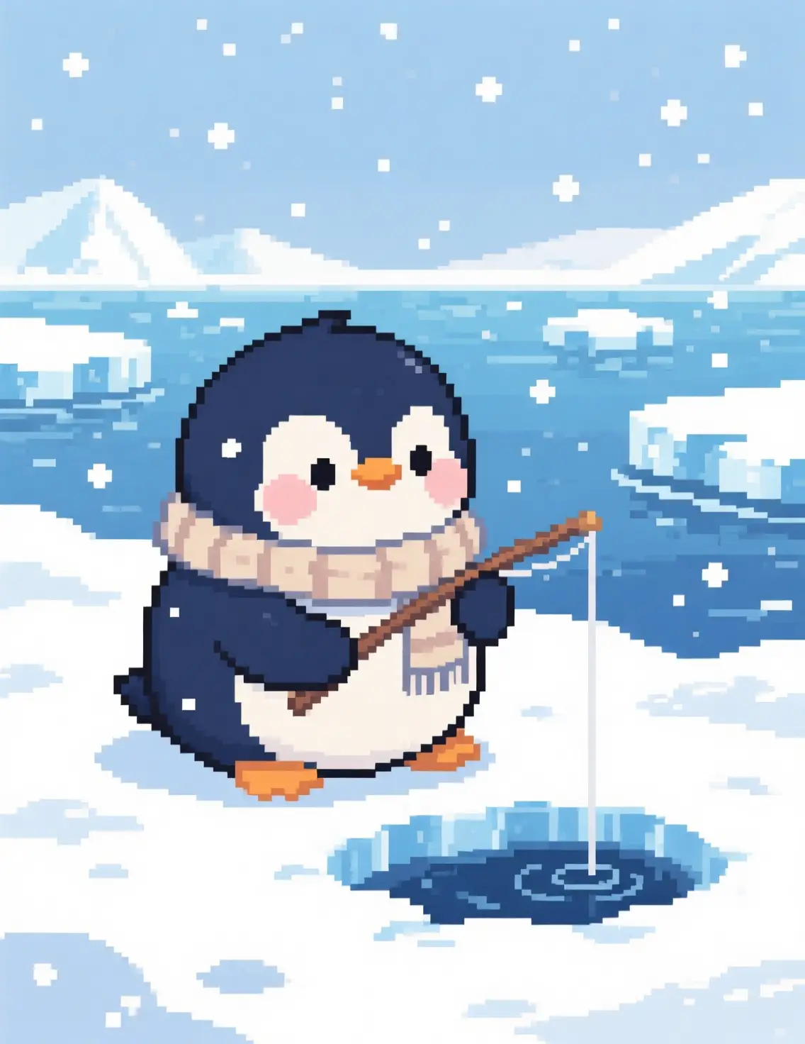 Cute pixel penguin fishing in a snowy polar landscape