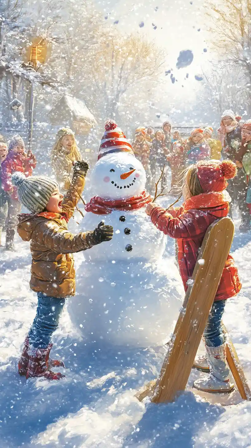 Happy children playing snowball fight by a snowman