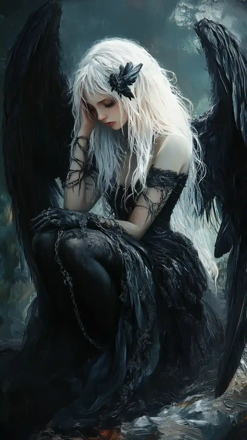 Fallen angel woman kneeling in dark mystical landscape