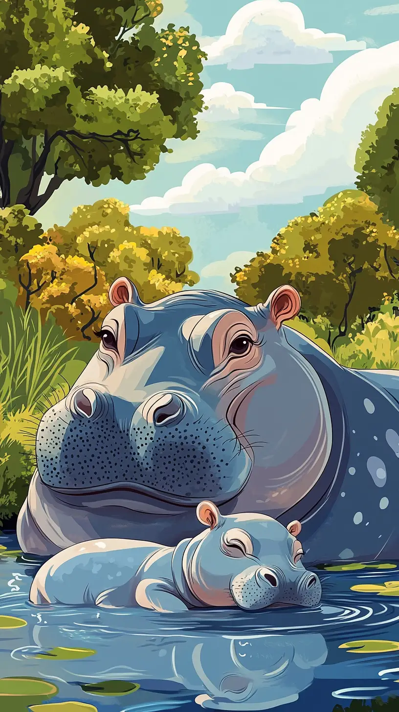 Cute hippo mother and baby resting together by a pond