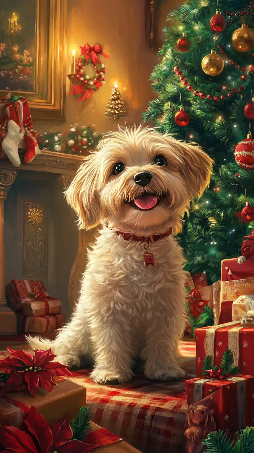 Cozy Christmas dog by the tree with festive gifts