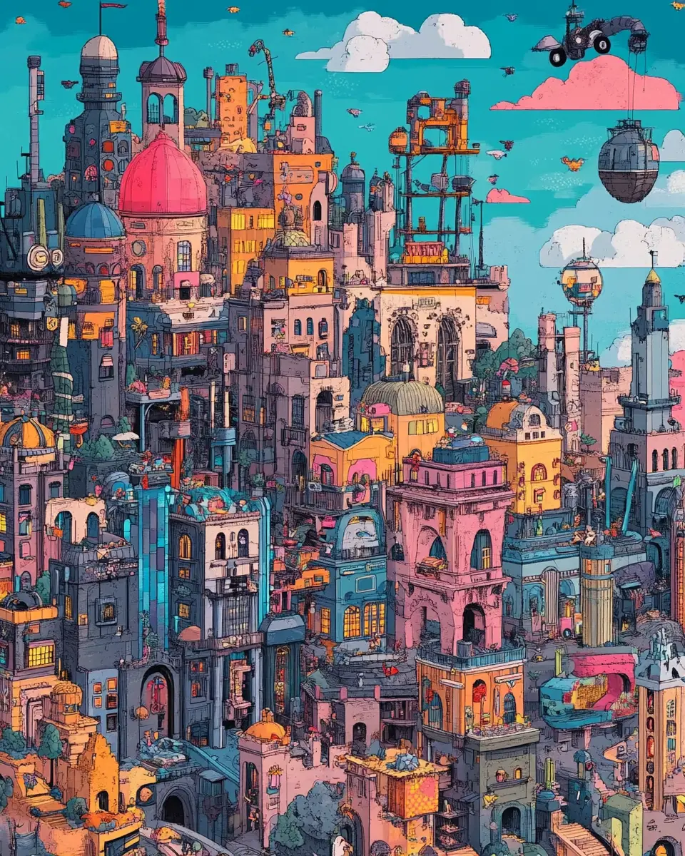 Playful cartoon cityscape poster with colorful fantasy buildings
