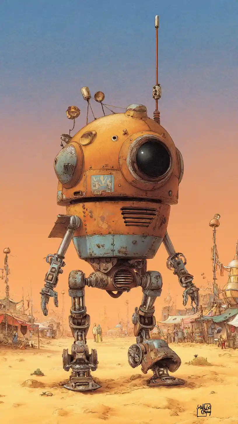 Cute desert robots wandering through a small oasis
