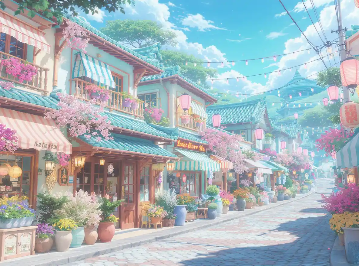 Cozy anime style japanese town in pastel colors