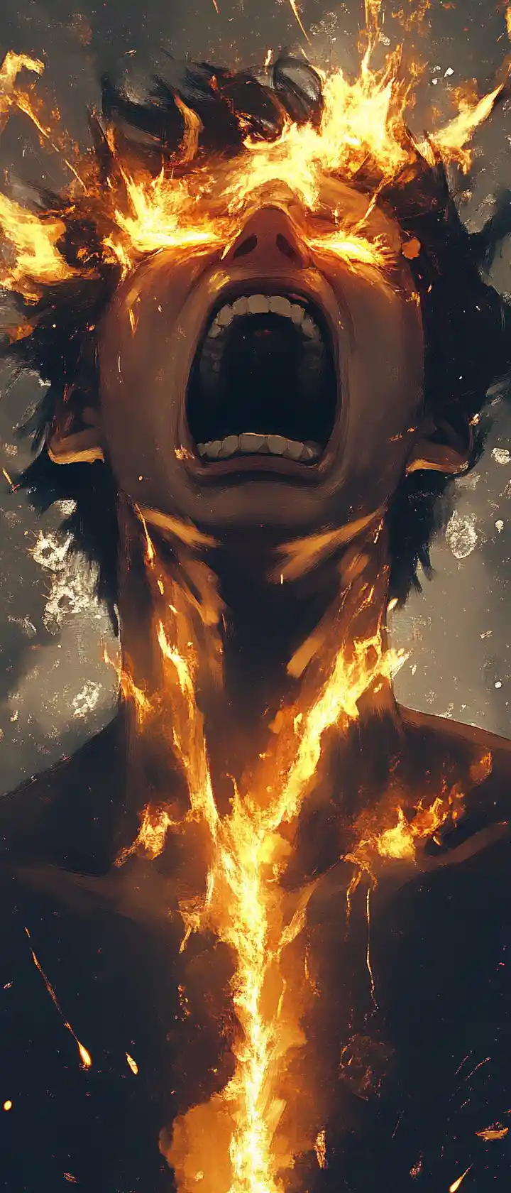 少女在金色火焰爆發中尖叫的動漫場景
