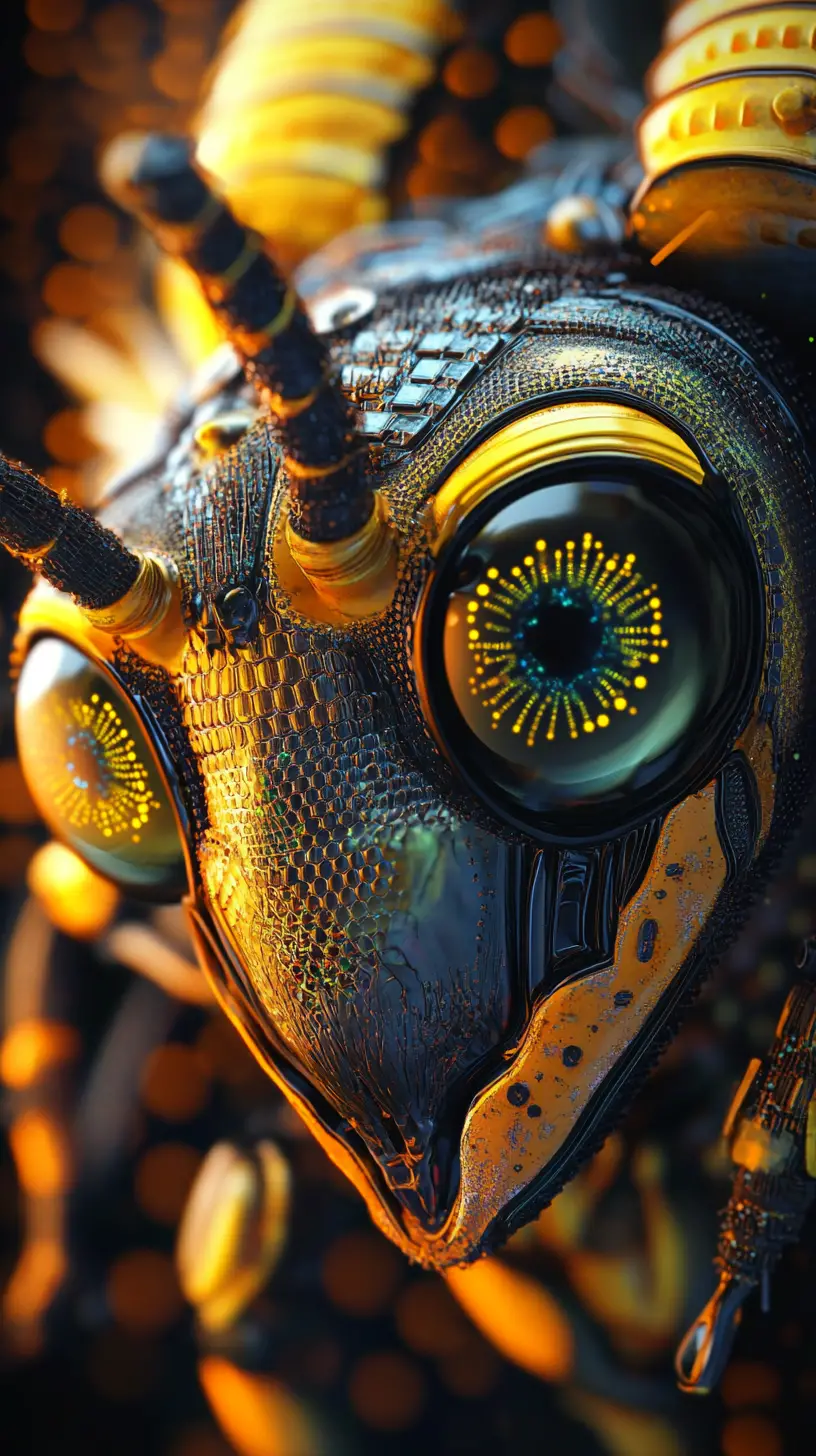 Cybernetic bumblebee rising from a surreal nocturnal horizon